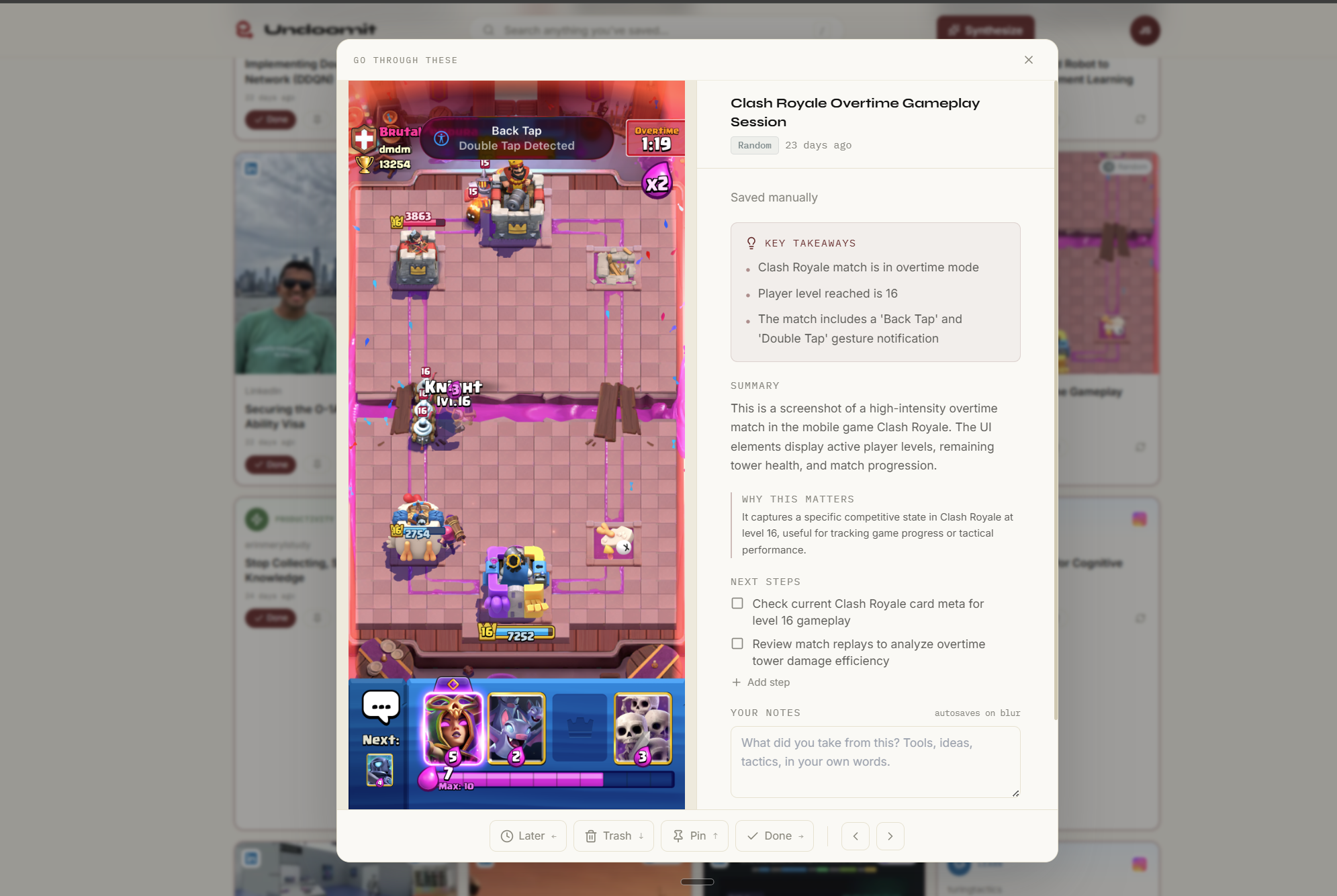 Undoomit item view of a Clash Royale screenshot captured via iOS Back Tap, with AI takeaways and summary