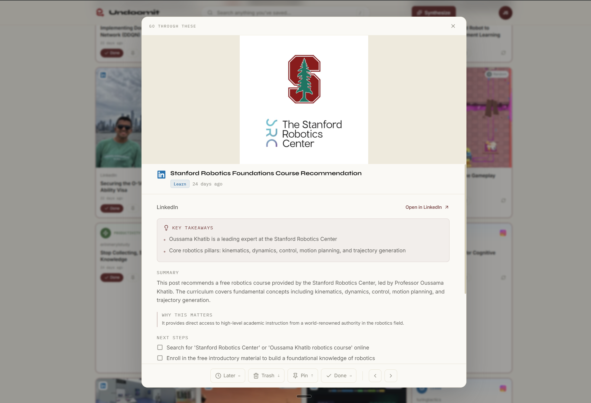 Undoomit reader view of a saved LinkedIn post about a Stanford robotics course, with AI takeaways and next steps