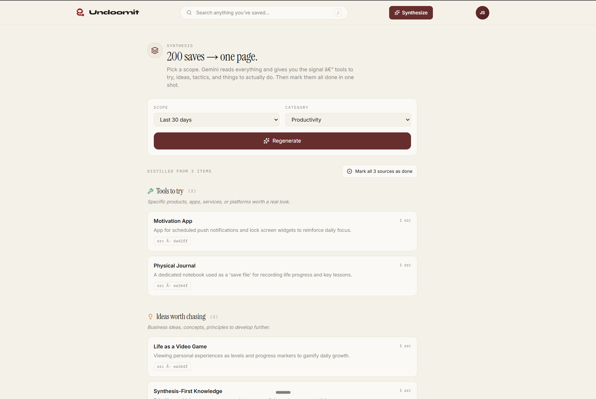 Undoomit synthesize page distilling saved items into tools to try and ideas worth chasing